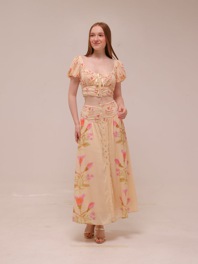 Cream and Pink Smocked Maxi Skirt