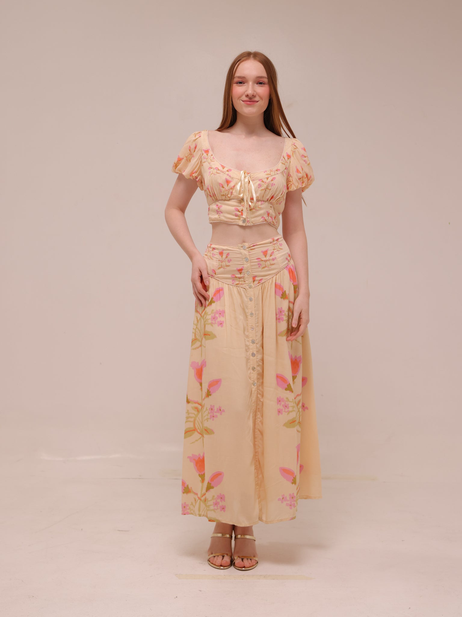 Cream and Pink Smocked Maxi Skirt