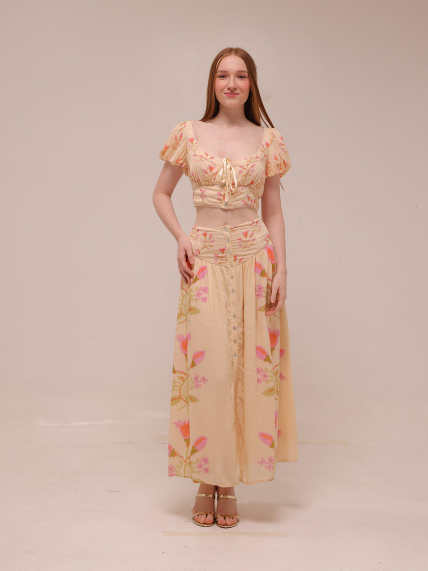 Cream and Pink Smocked Maxi Skirt
