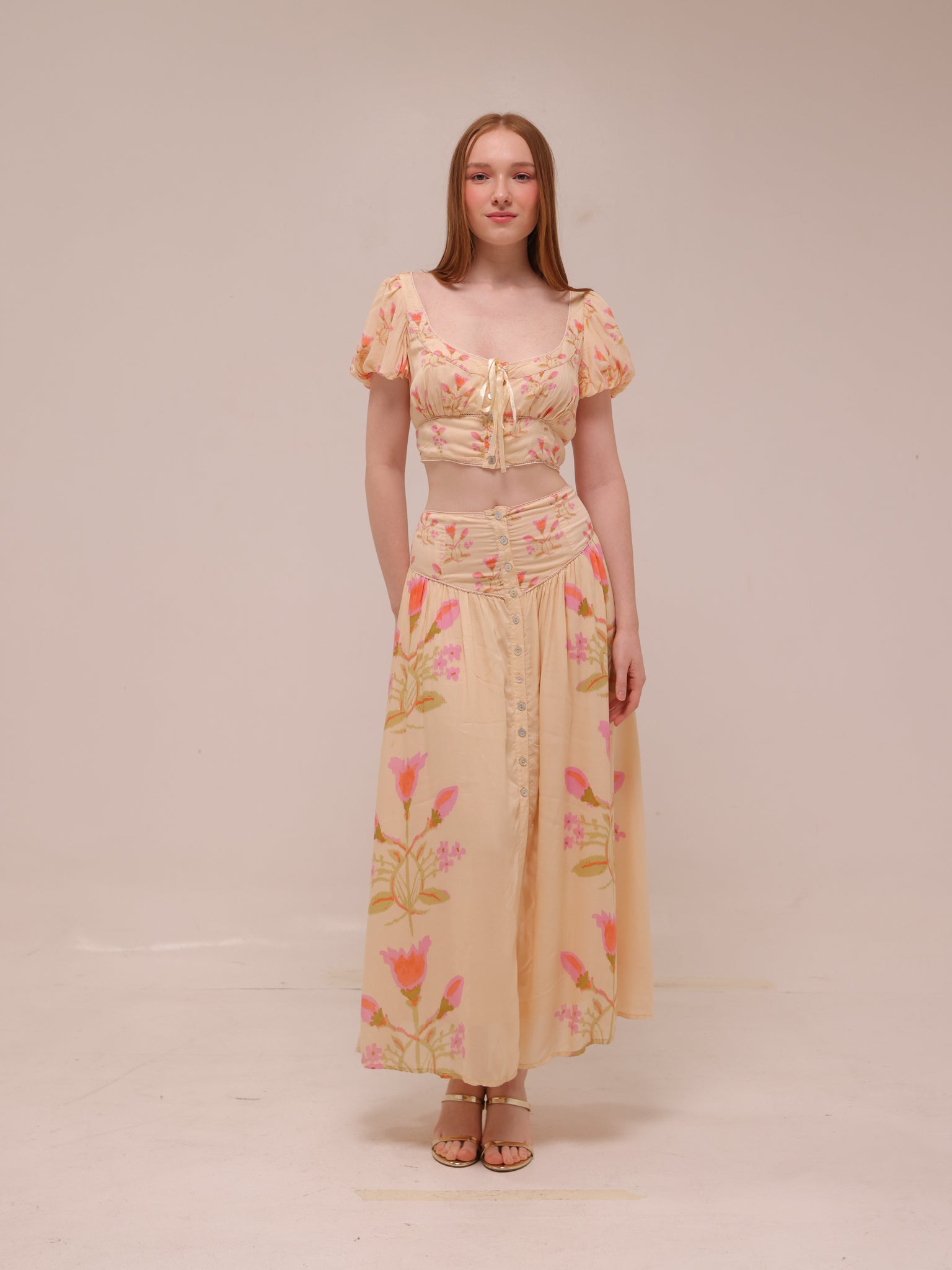 Cream and Pink Smocked Maxi Skirt