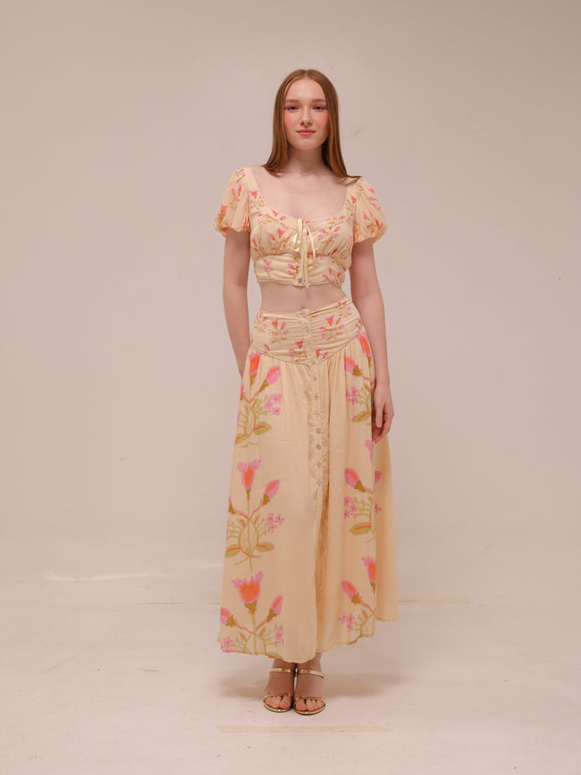 Cream and Pink Smocked Maxi Skirt