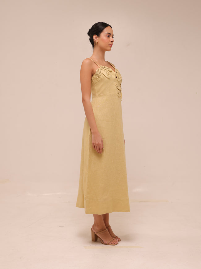 Sand 3d Flower Bodice Midi Dress