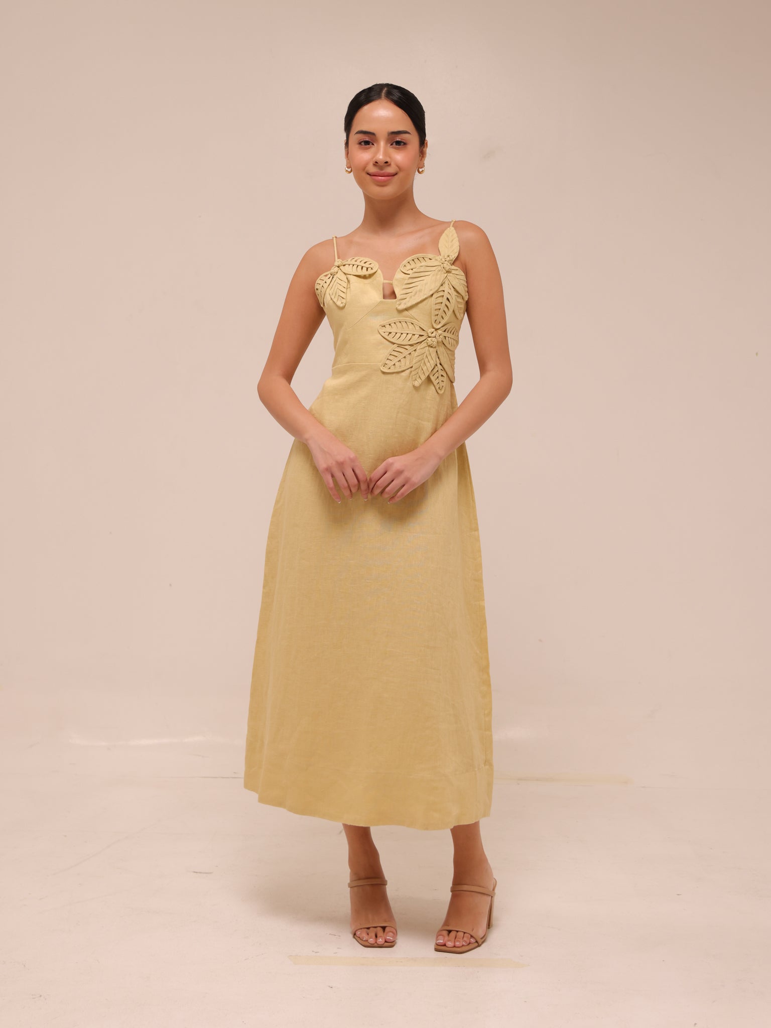 Sand 3d Flower Bodice Midi Dress