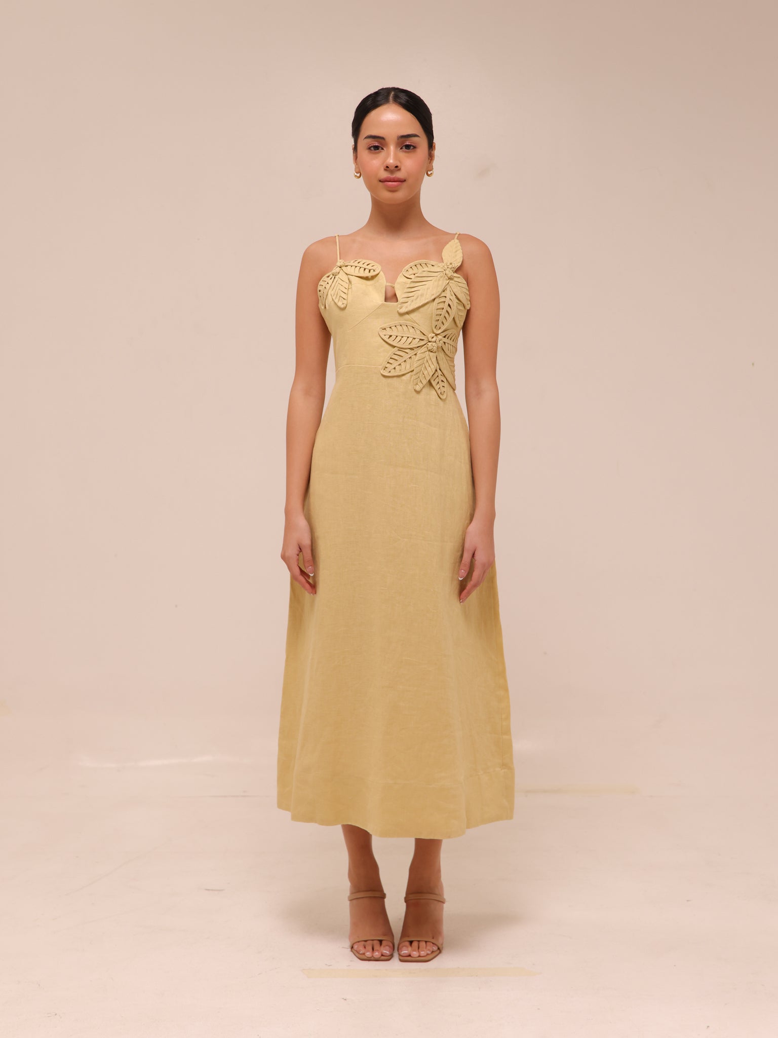 Sand 3d Flower Bodice Midi Dress