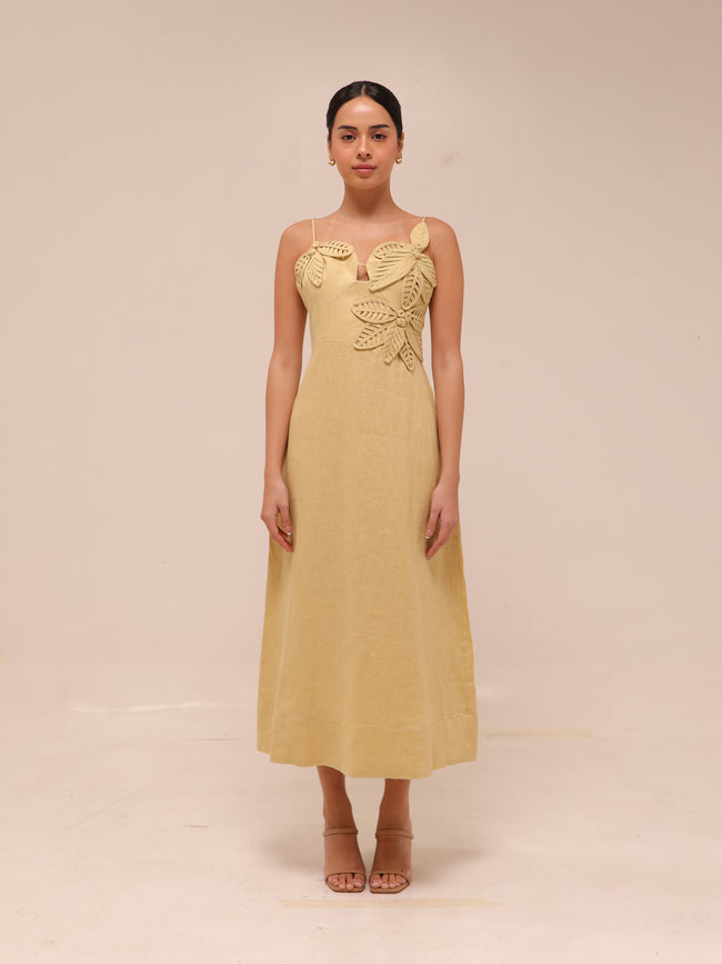 Sand 3d Flower Bodice Midi Dress