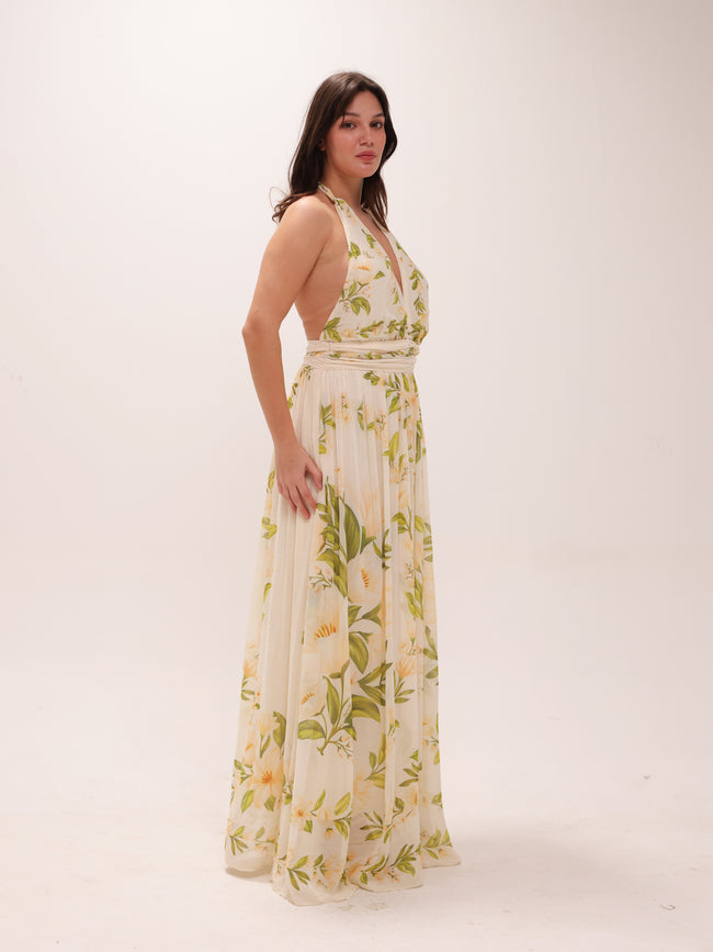 V-Neck Floral Chiffon Maxi Dress