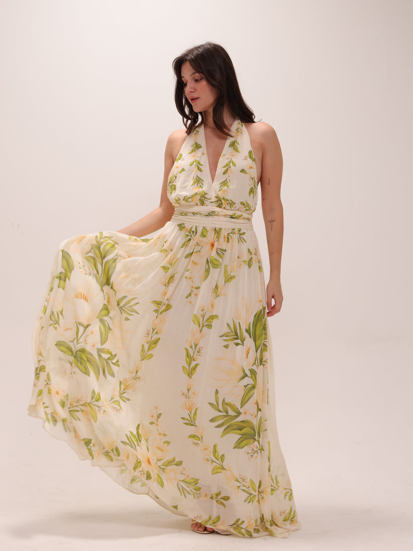 V-Neck Floral Chiffon Maxi Dress