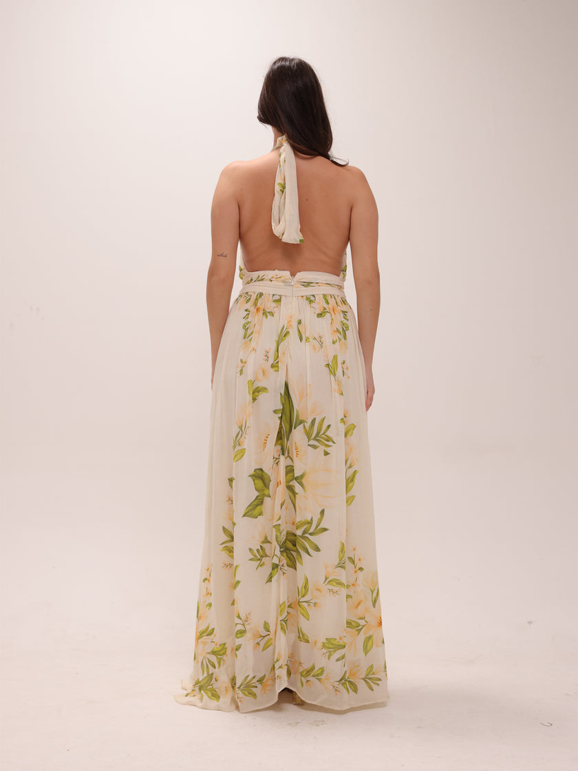 V-Neck Floral Chiffon Maxi Dress