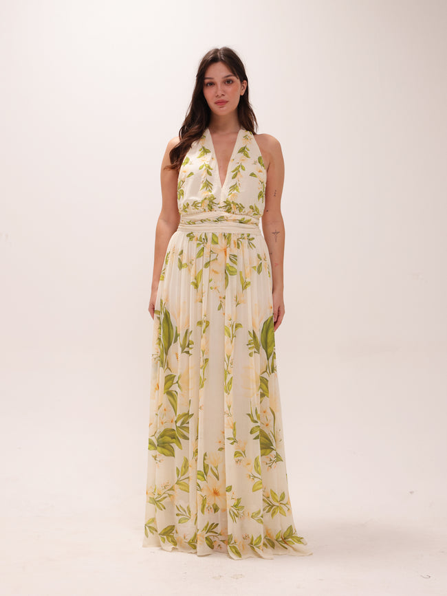 V-Neck Floral Chiffon Maxi Dress