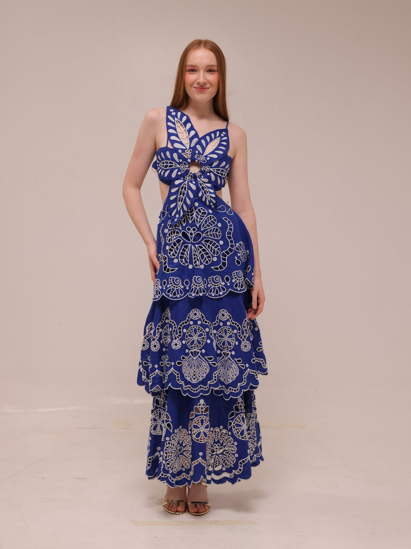Blue Flower Richelieu Euroflax Premium Linen Midi Dress