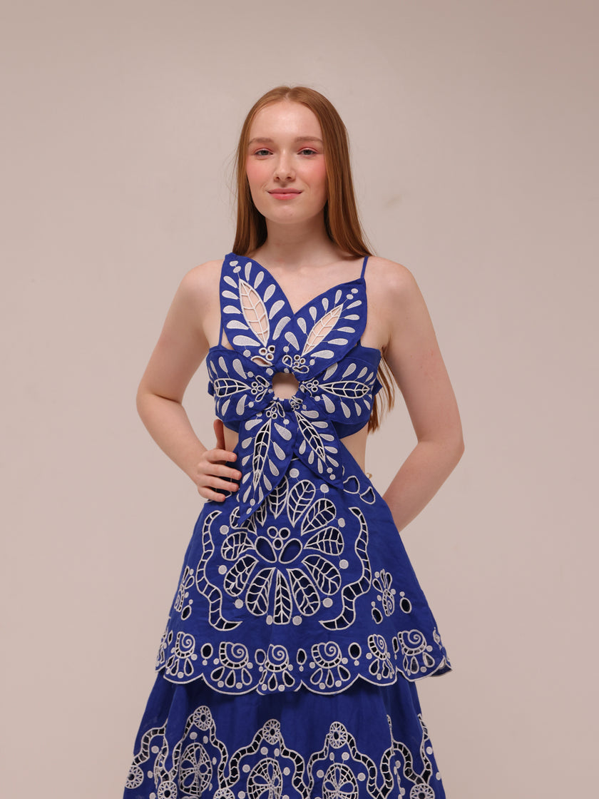 Blue Flower Richelieu Euroflax Premium Linen Midi Dress