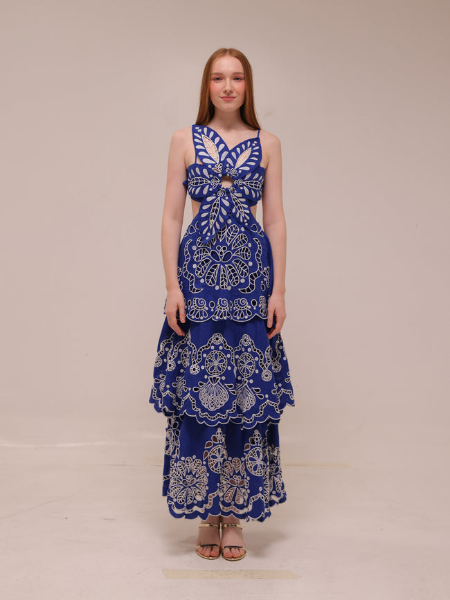 Blue Flower Richelieu Euroflax Premium Linen Midi Dress