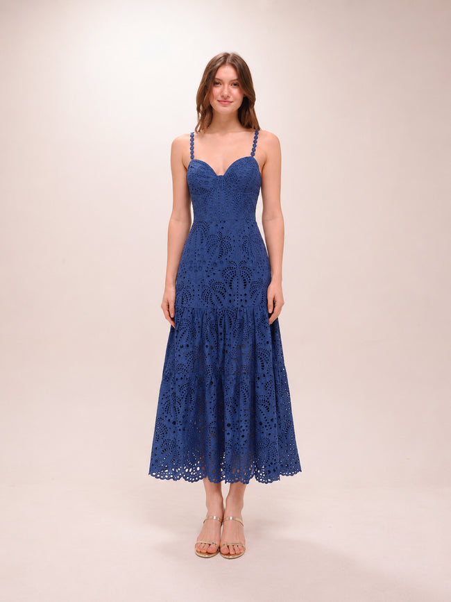 Deep Blue Palm Tree Richelieu Midi Dress