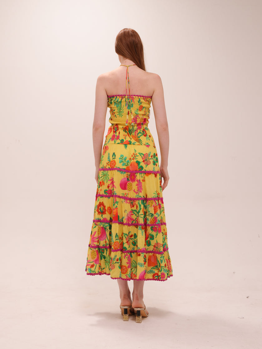 Delicate Fruit Garden Yellow Smocked Maxi Dress