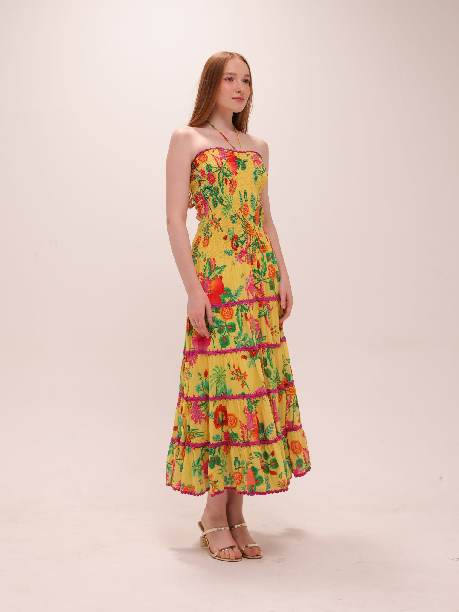 Delicate Fruit Garden Yellow Smocked Maxi Dress