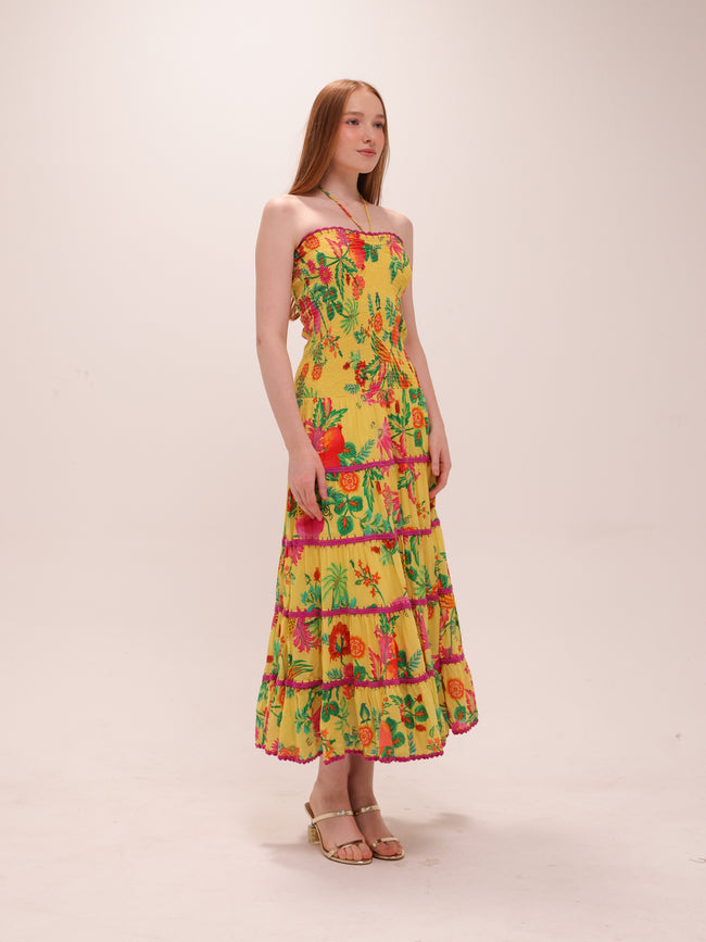 Delicate Fruit Garden Yellow Smocked Maxi Dress