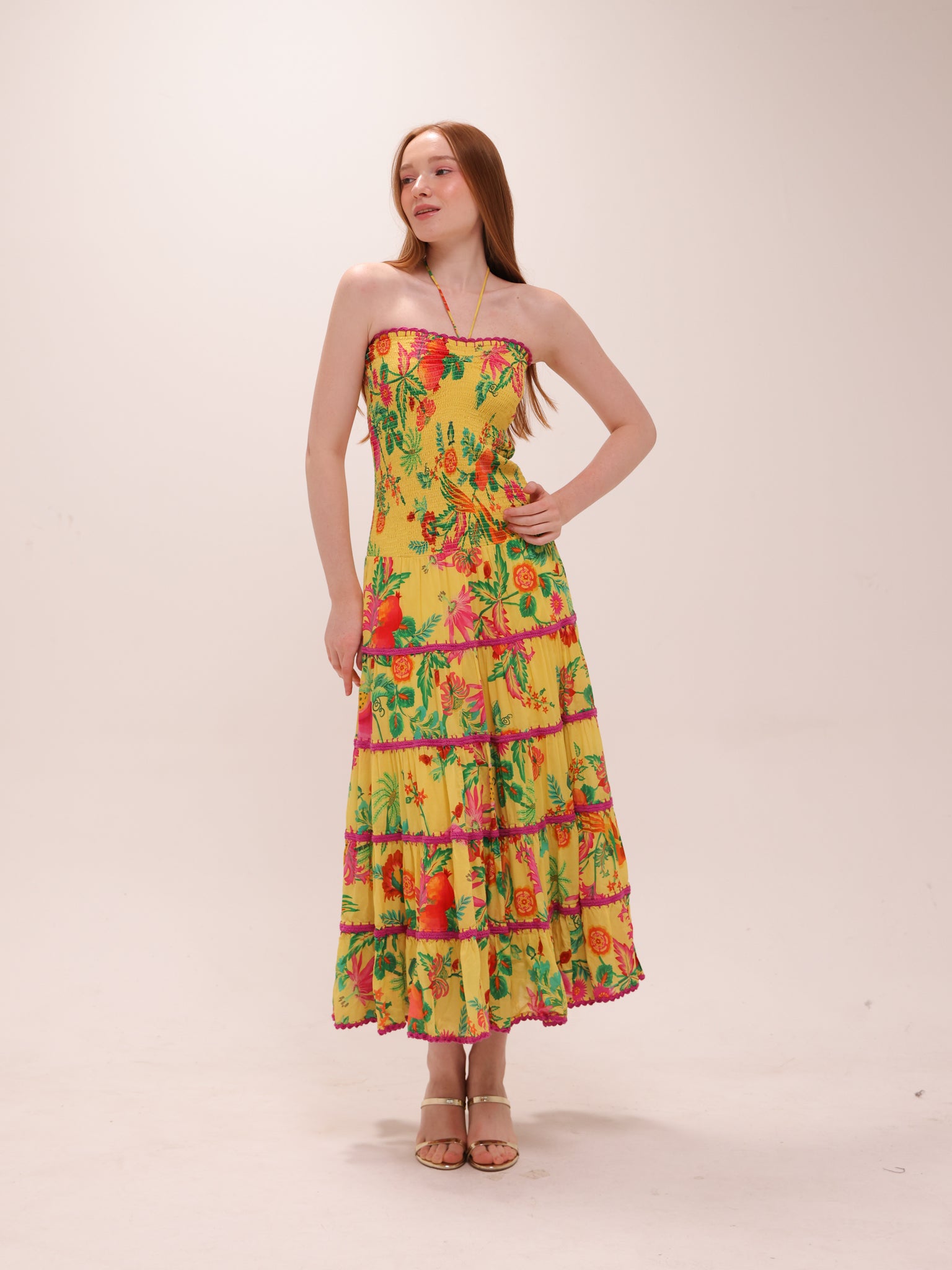 Delicate Fruit Garden Yellow Smocked Maxi Dress