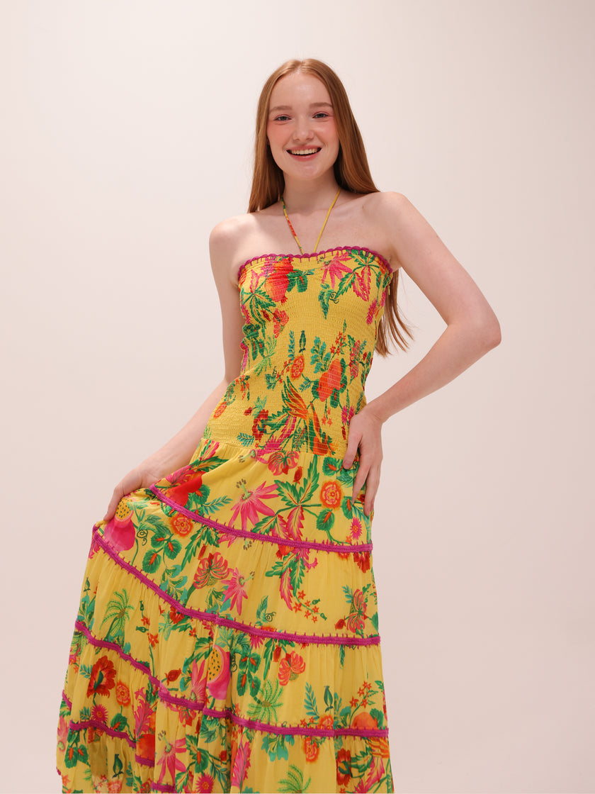 Delicate Fruit Garden Yellow Smocked Maxi Dress