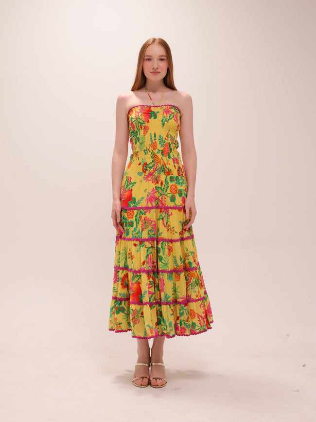 Delicate Fruit Garden Yellow Smocked Maxi Dress