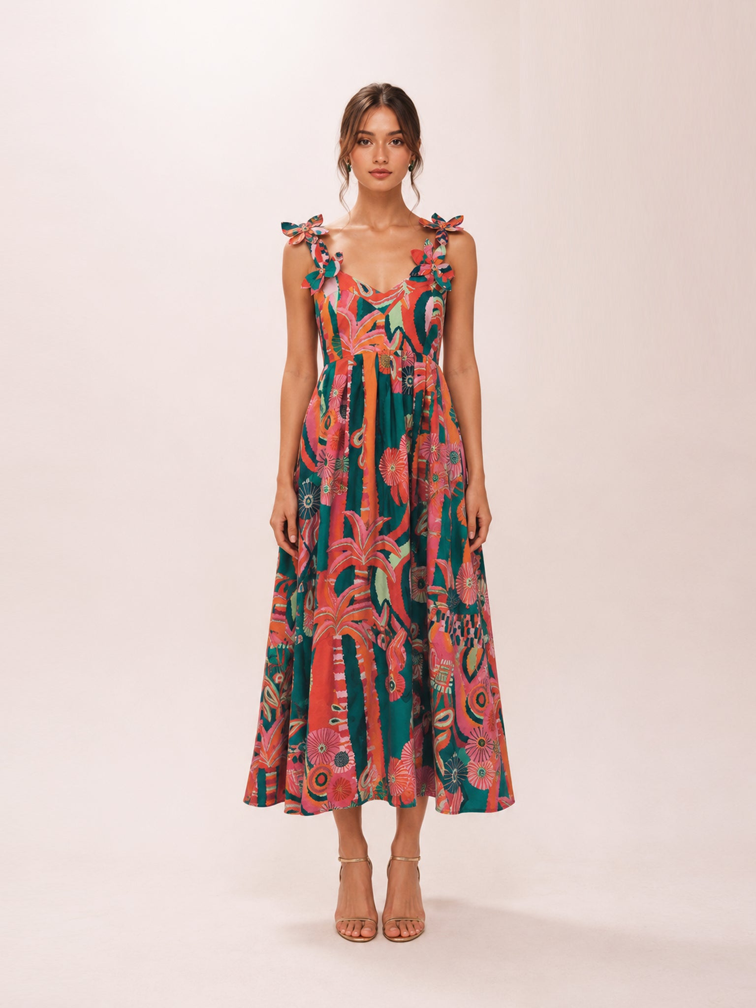 Pleated Palm Midi Dress