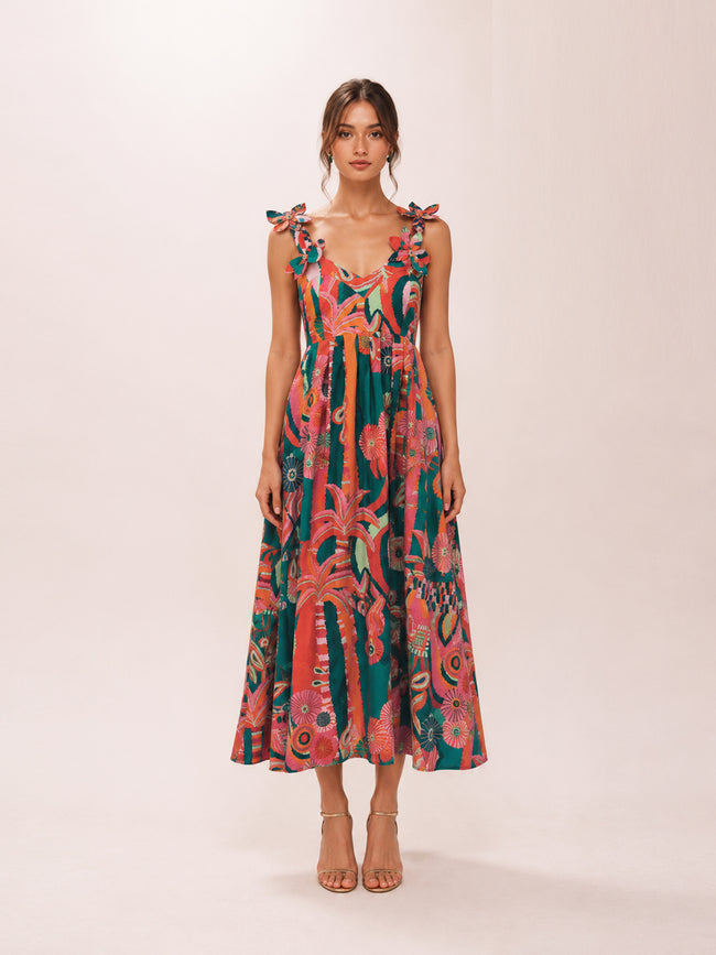 Pleated Palm Midi Dress