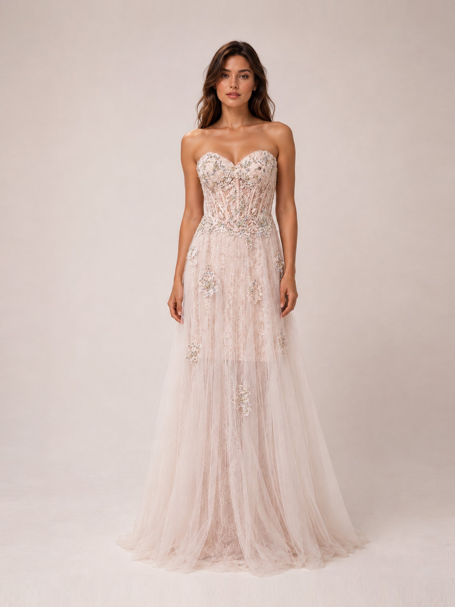 Gigi Light Pink Strapless Sweetheart Corset Sheer Gown