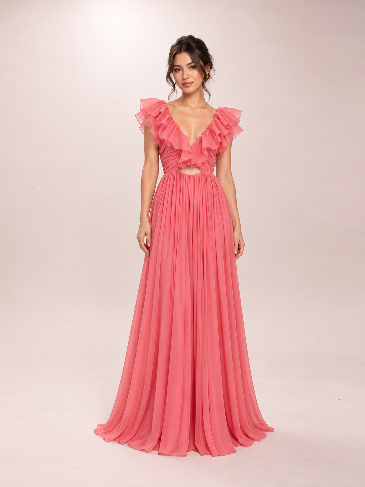 Ruffle Pink Silk Chiffon Maxi Dress