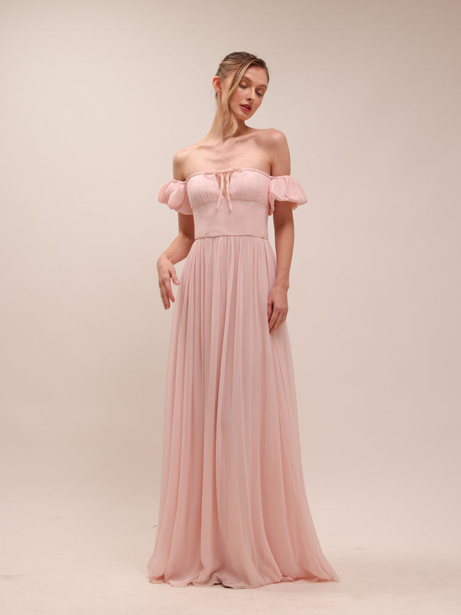 Bow Front Off-the-shoulder Silk-Georgette Gown