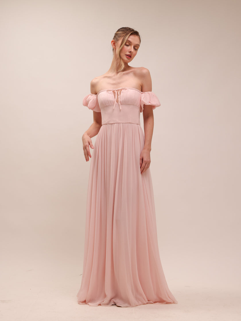 Bow Front Off-the-shoulder Silk-Georgette Gown