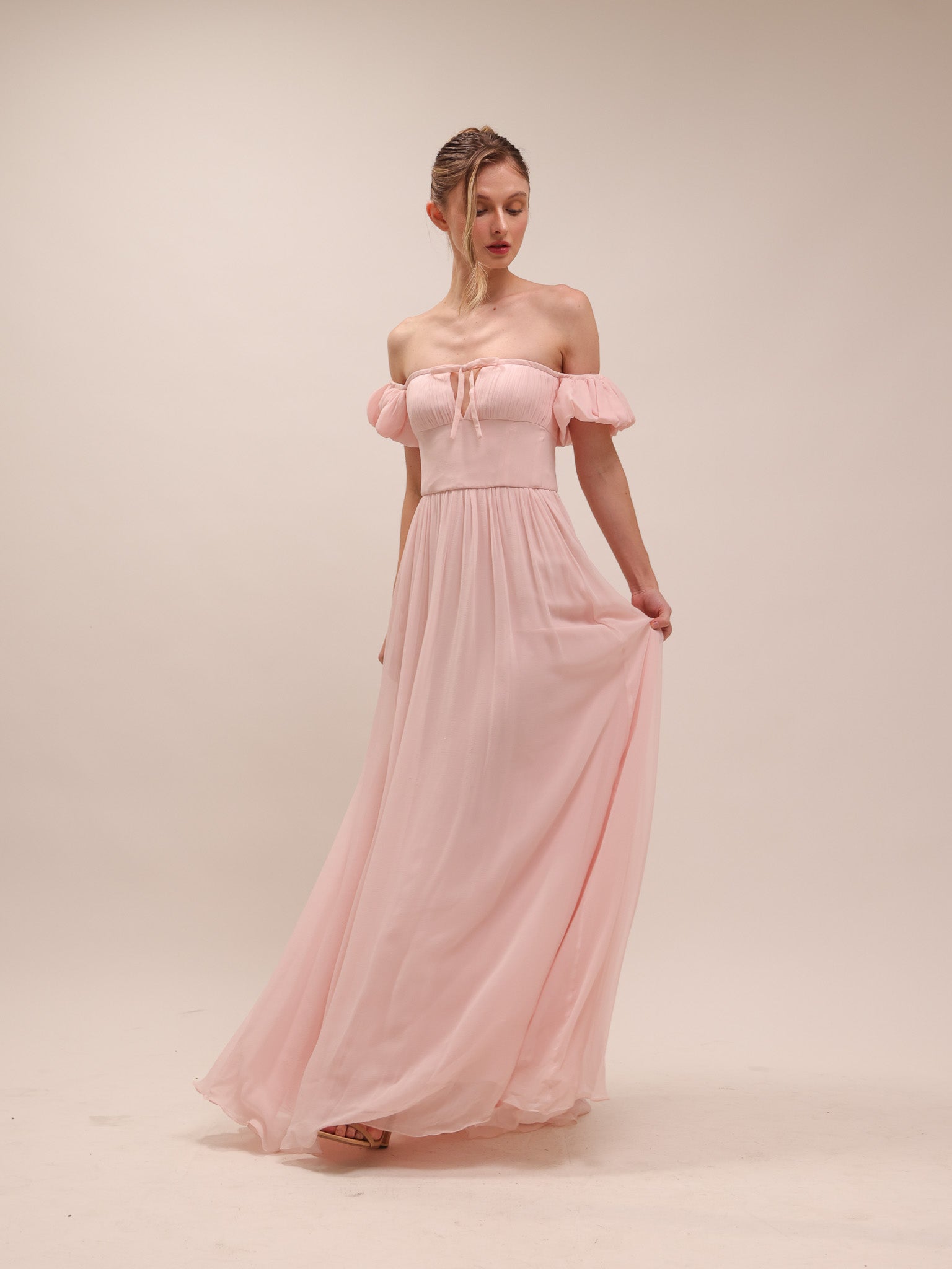 Bow Front Off-the-shoulder Silk-Georgette Gown