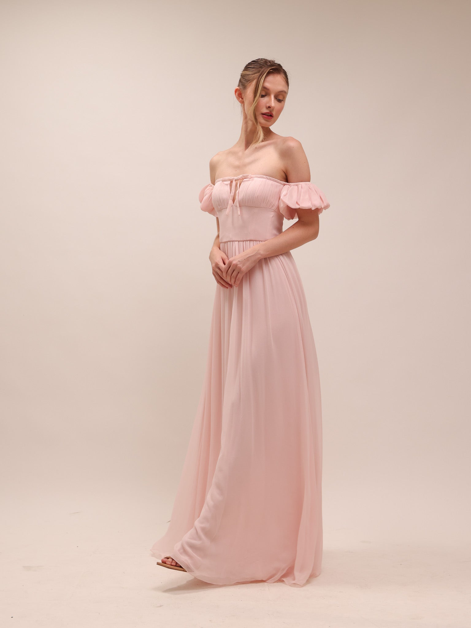 Bow Front Off-the-shoulder Silk-Georgette Gown