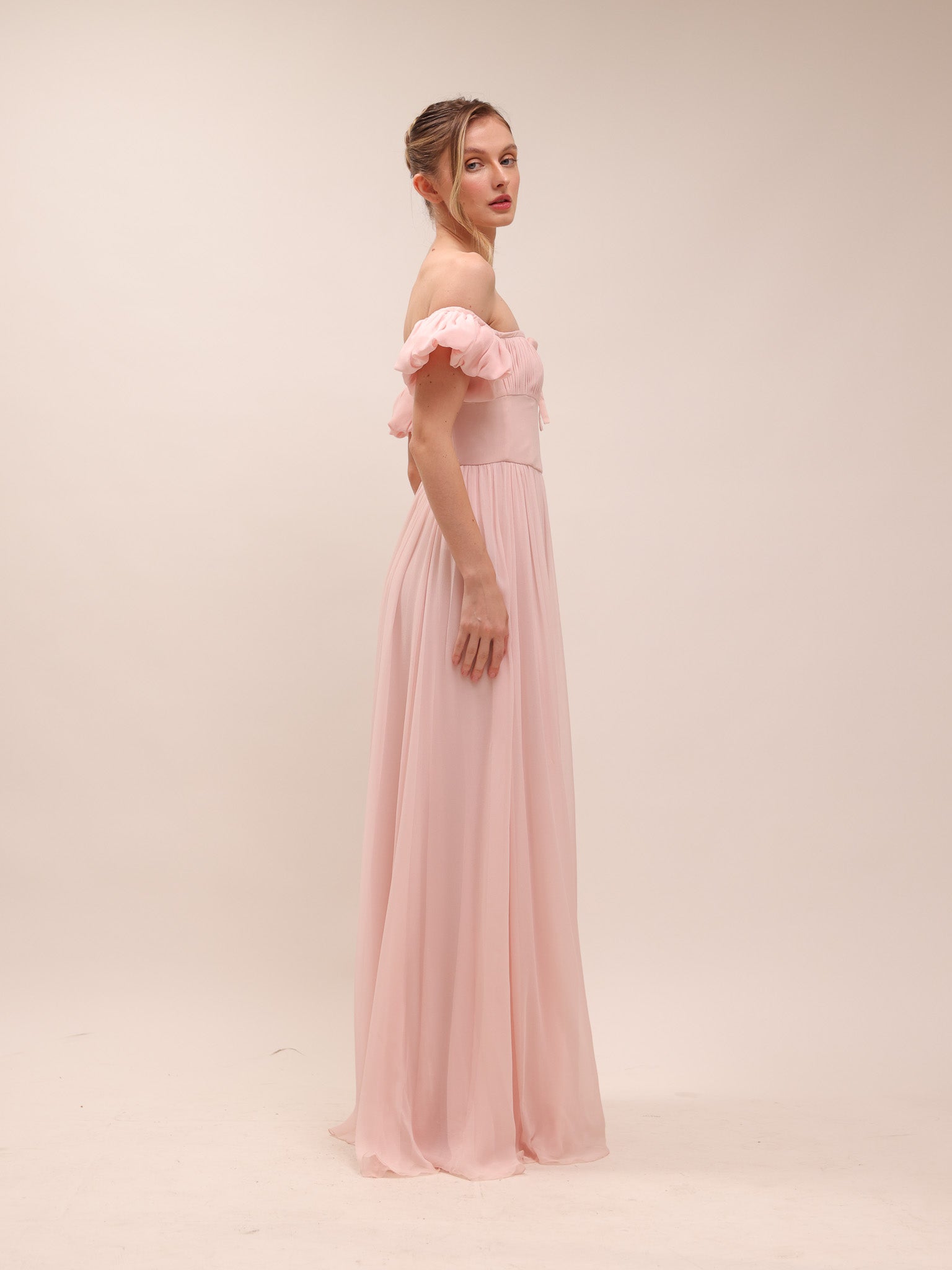 Bow Front Off-the-shoulder Silk-Georgette Gown