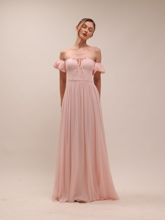 Bow Front Off-the-shoulder Silk-Georgette Gown