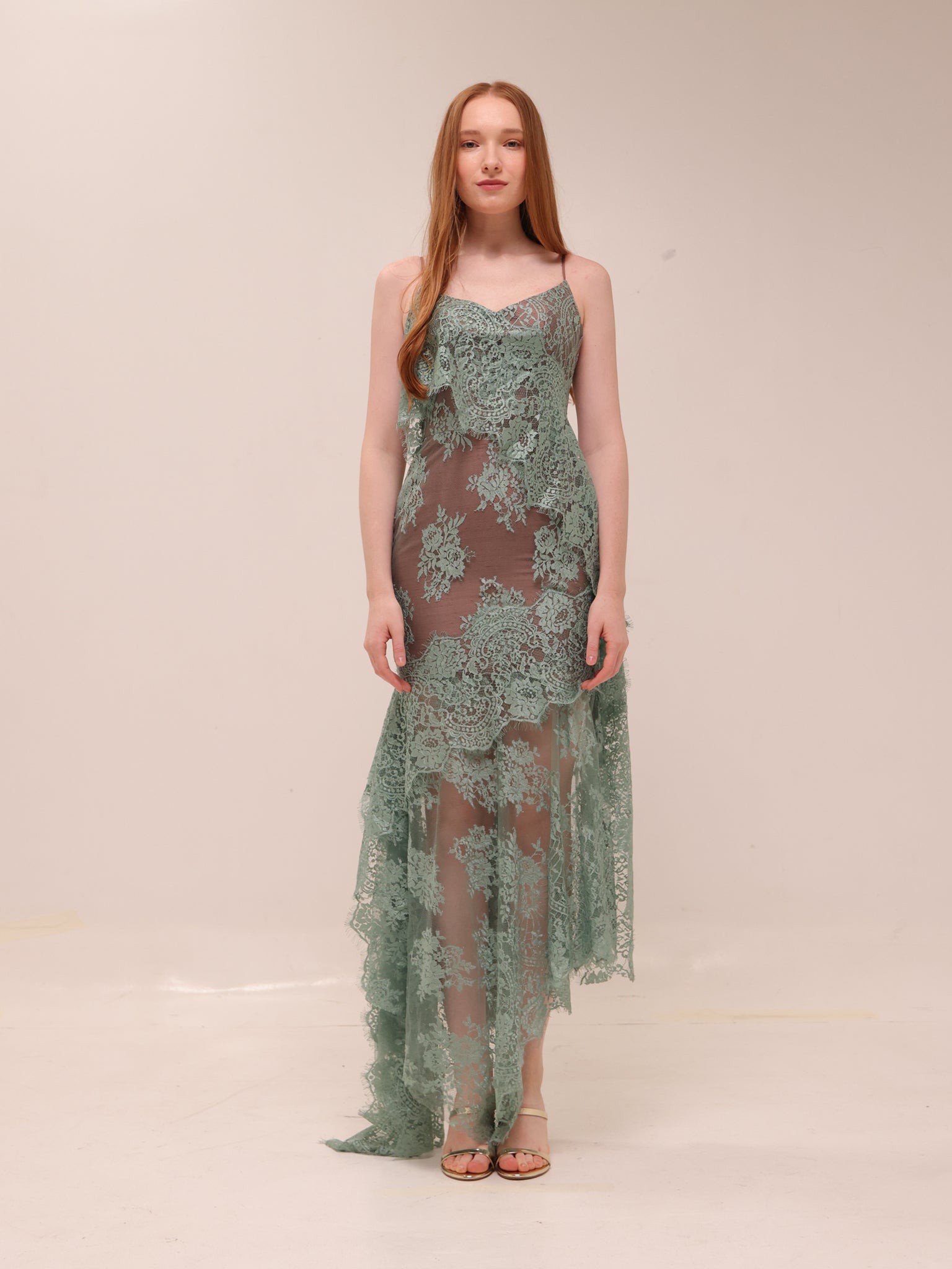 Sage Lace Asymmetrical Dress