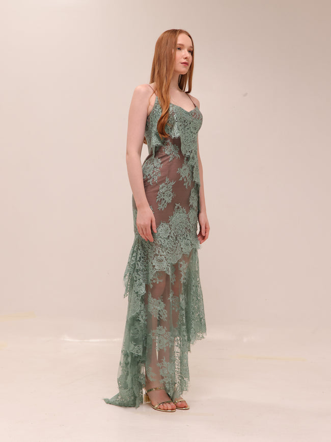Sage Lace Asymmetrical Dress