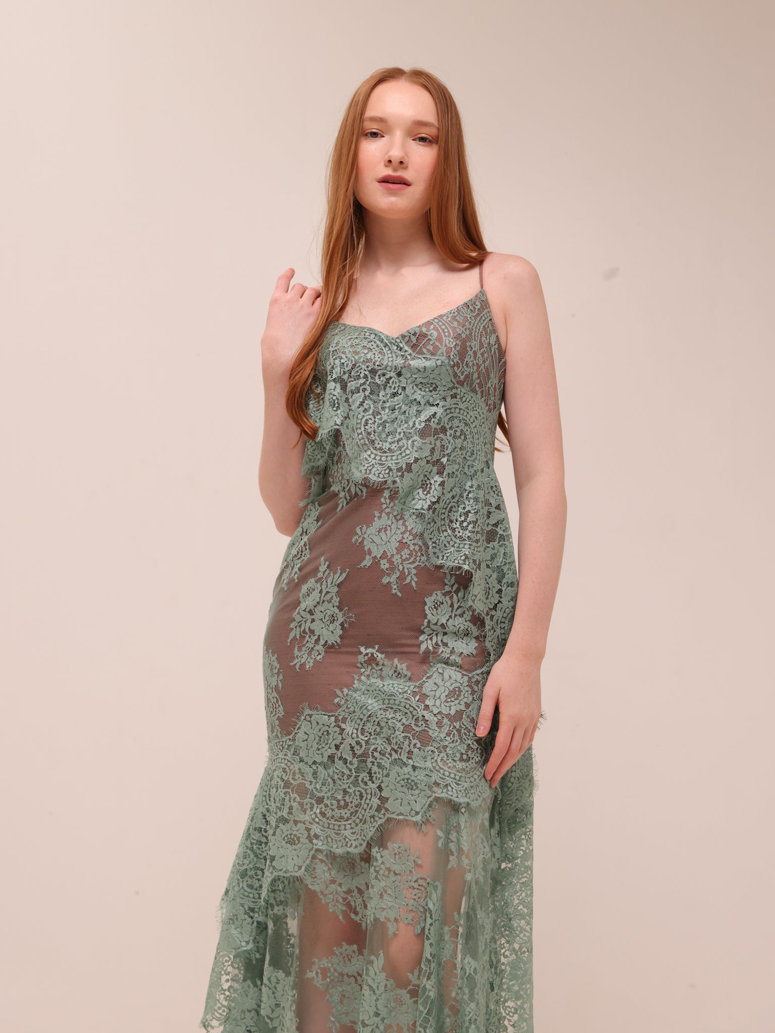 Sage Lace Asymmetrical Dress