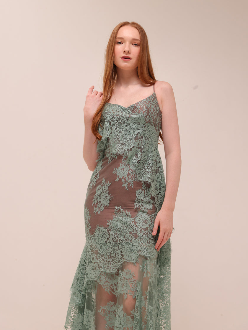 Sage Lace Asymmetrical Dress