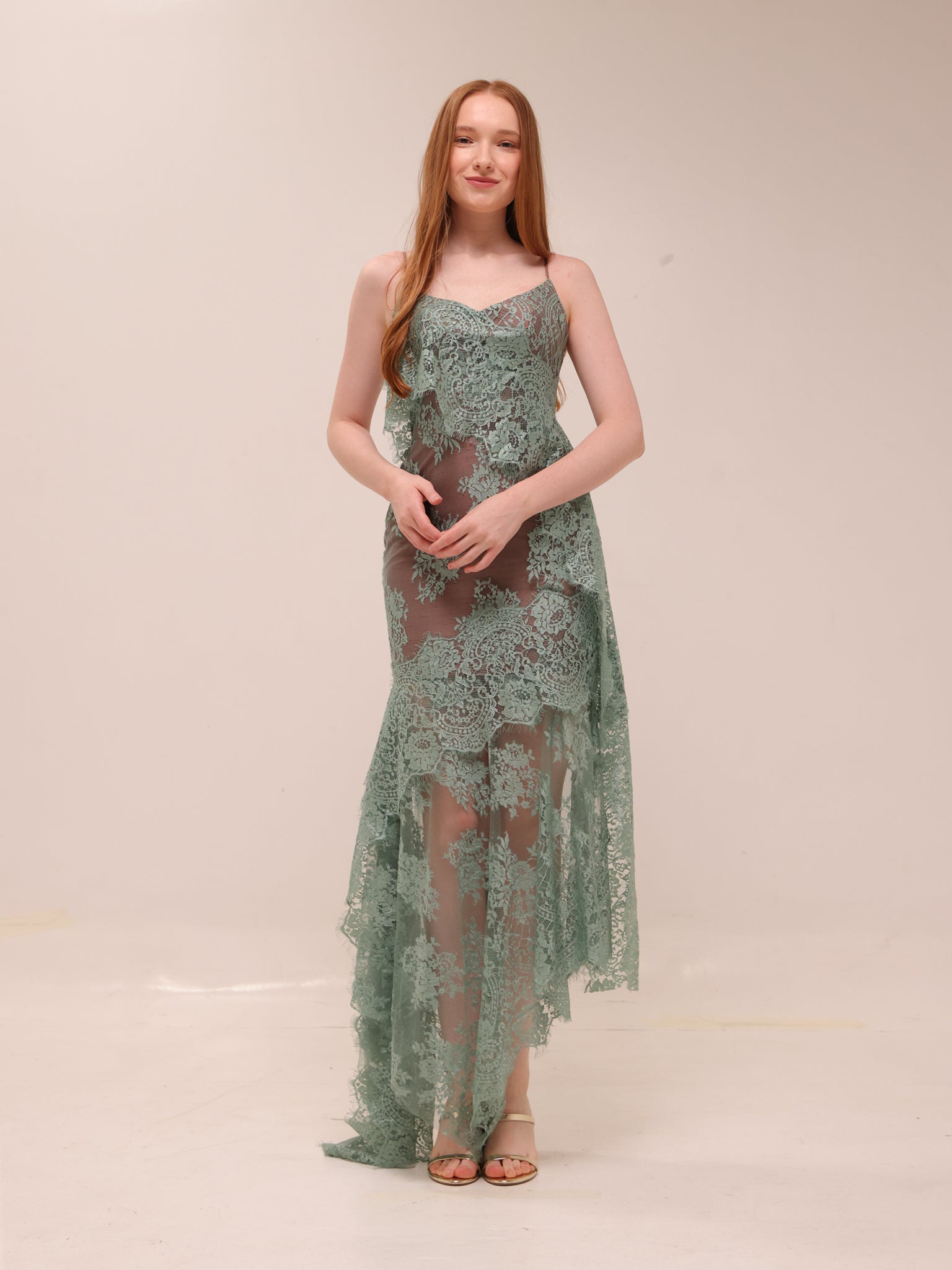 Sage Lace Asymmetrical Dress