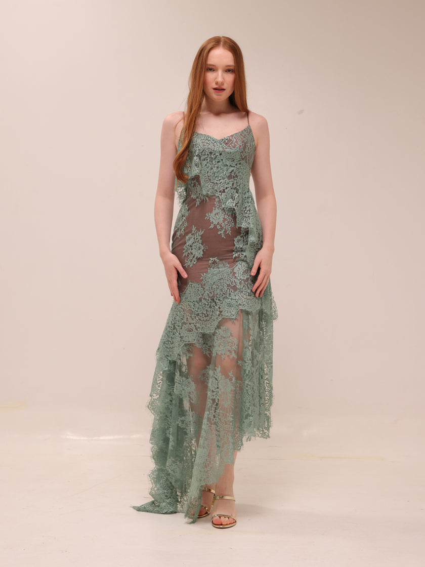 Sage Lace Asymmetrical Dress