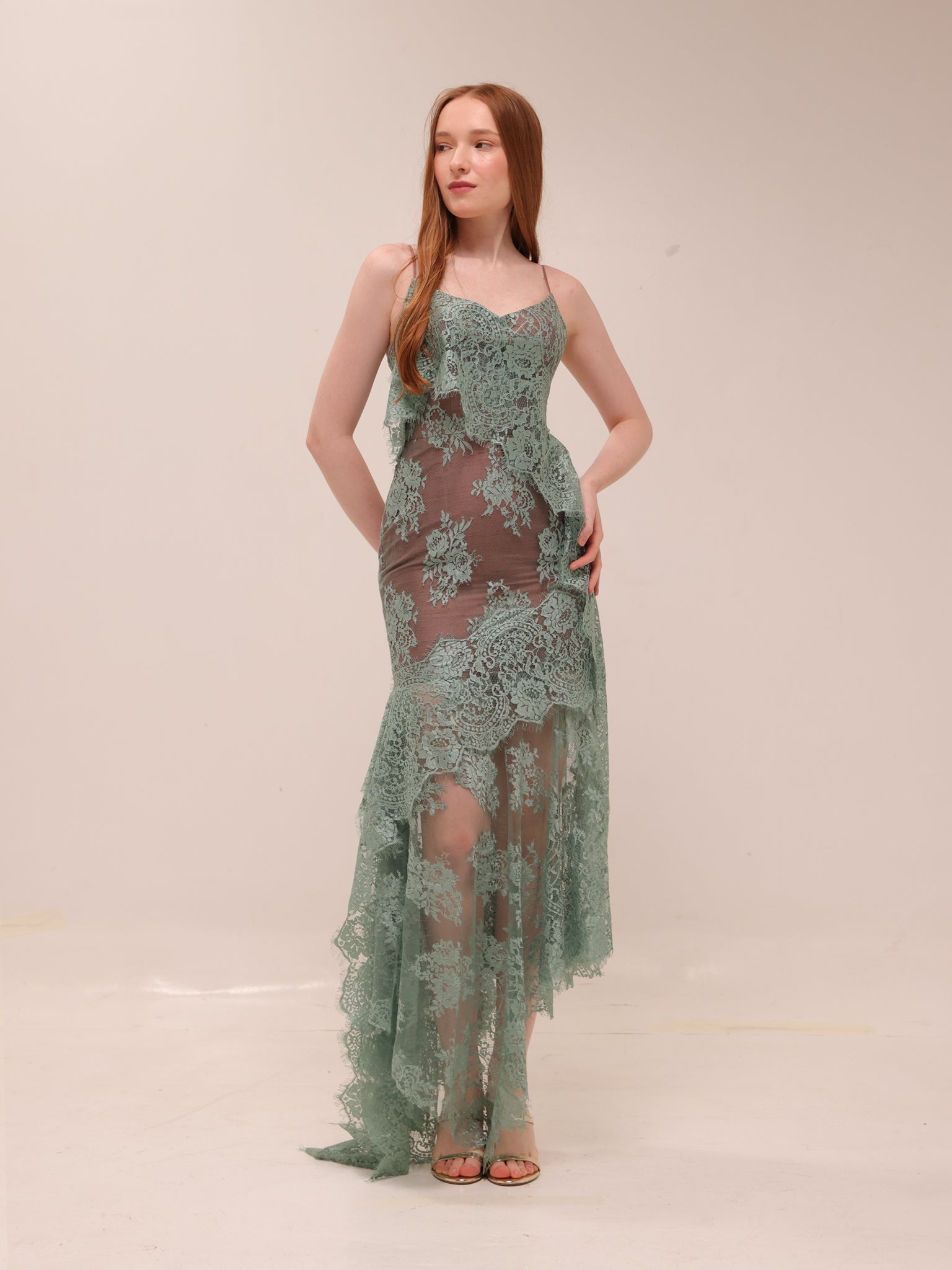 Sage Lace Asymmetrical Dress