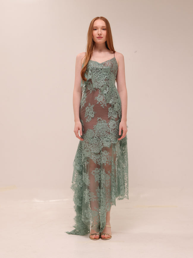 Sage Lace Asymmetrical Dress