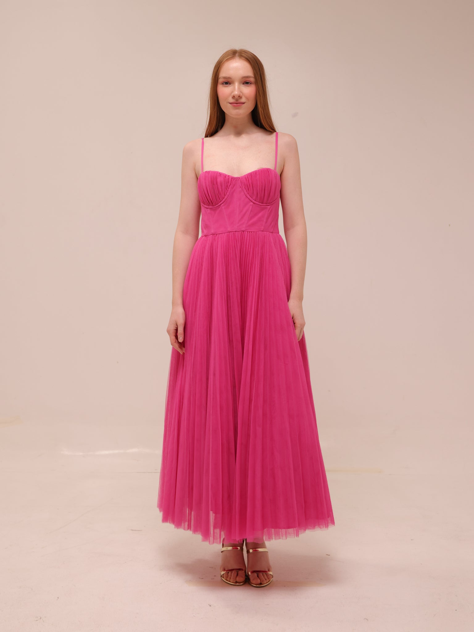 Amara Corset Pleated Tulle Fit & Flare Midi Dress
