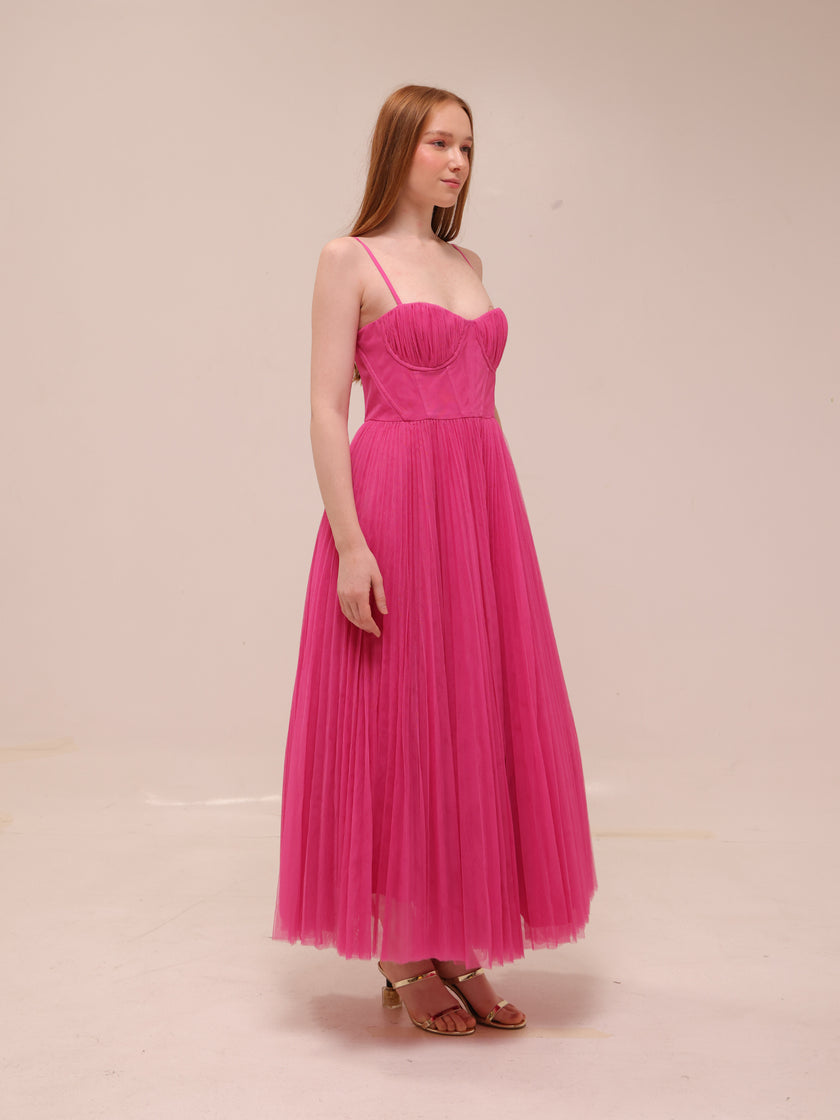 Amara Corset Pleated Tulle Fit & Flare Midi Dress