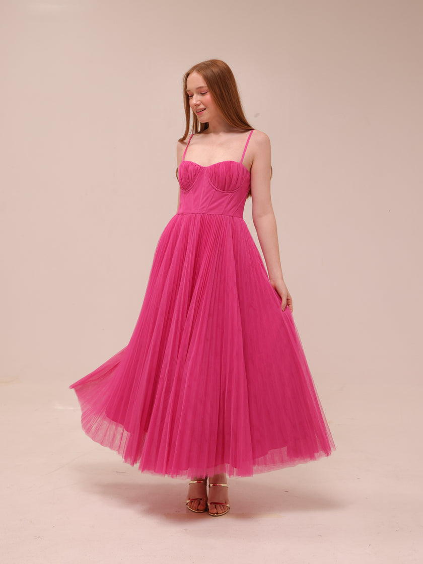 Amara Corset Pleated Tulle Fit & Flare Midi Dress