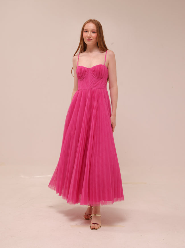 Amara Corset Pleated Tulle Fit & Flare Midi Dress
