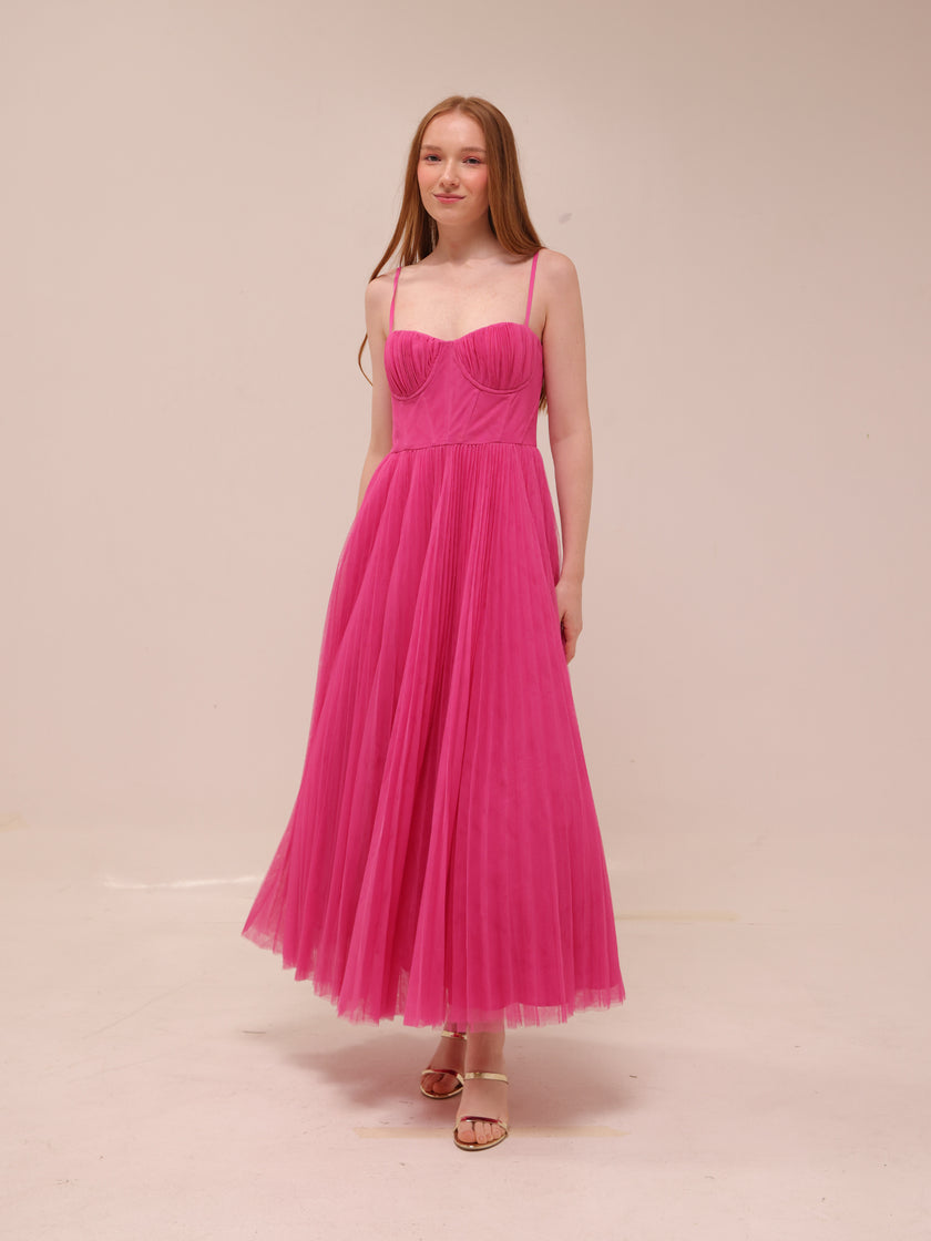 Amara Corset Pleated Tulle Fit & Flare Midi Dress