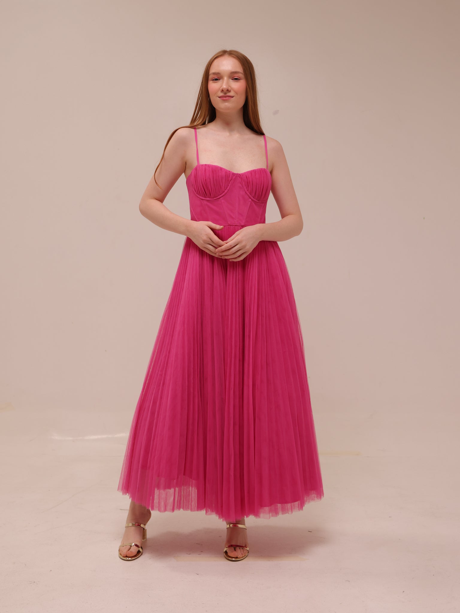 Amara Corset Pleated Tulle Fit & Flare Midi Dress
