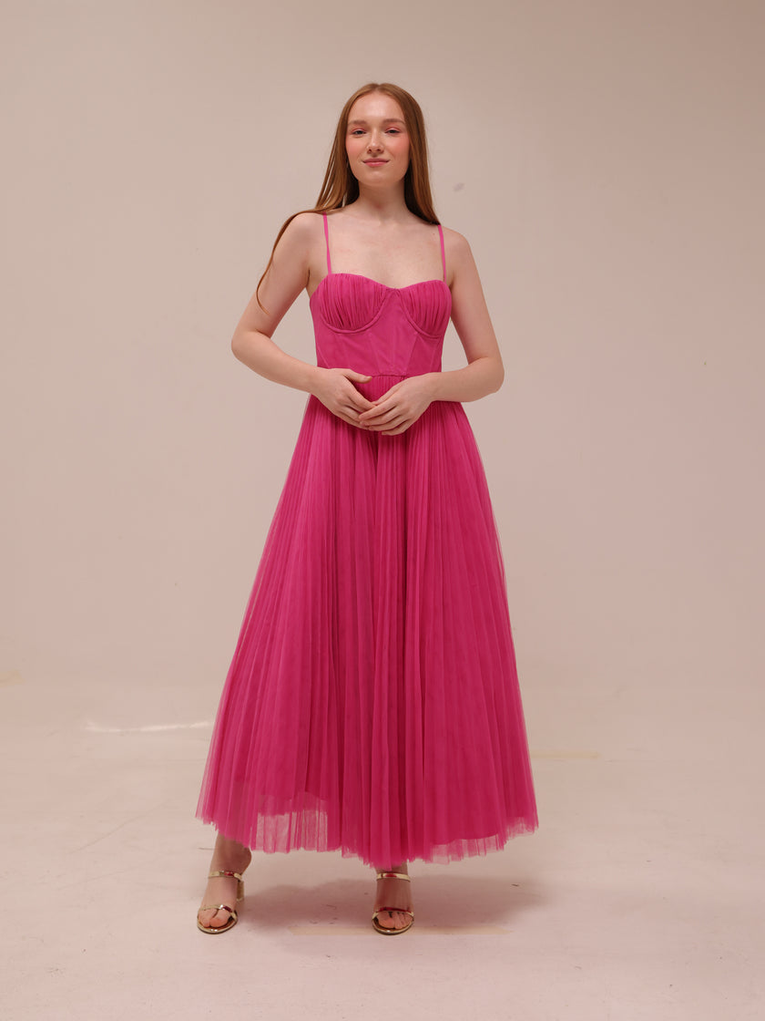 Amara Corset Pleated Tulle Fit & Flare Midi Dress
