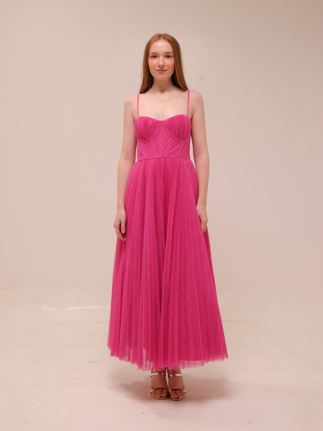Amara Corset Pleated Tulle Fit & Flare Midi Dress