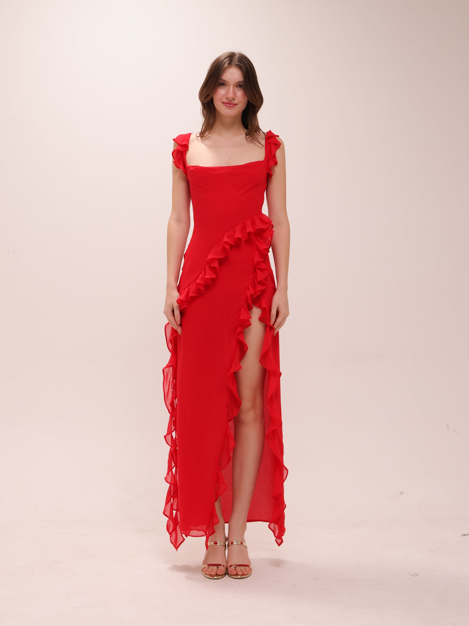 Ariela Cherry Ruffle Maxi Dress